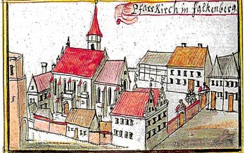 Powiększ obraz: Kolegiata niemodlińska i najstarszy budynek szkolny na rycinie F.B. Wernera z 1750 roku